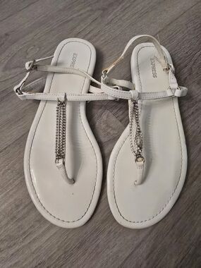 Express White T-Strap Sandals with Crystal Chain